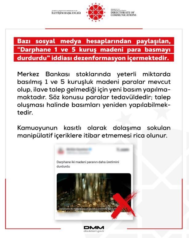DMM: ‘Darphane 1 ve 5 kuruş madeni para basmayı durdurdu’