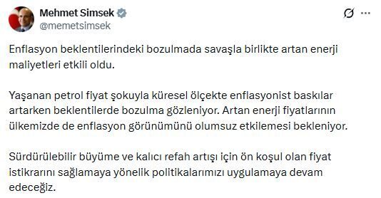 ANKARA, – HAZİNE ve Maliye Bakanı Mehmet Şimşek, enflasyon beklentilerinde