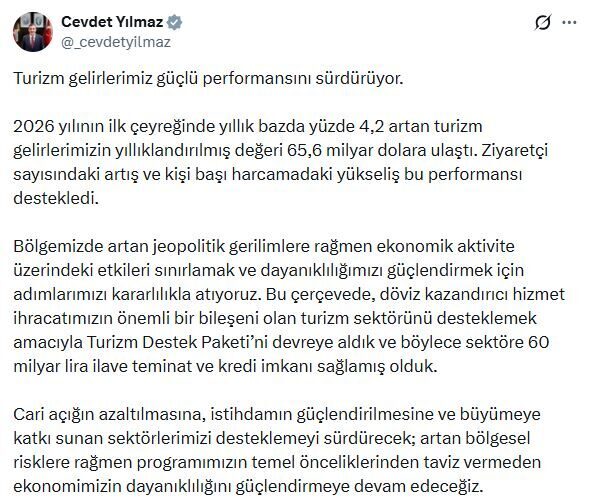 ANKARA, – CUMHURBAŞKANI Yardımcısı Cevdet Yılmaz, “Turizm gelirlerimiz güçlü performansını