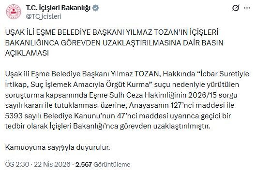 ANKARA, – İÇİŞLERİ Bakanlığı, Uşak’ın Eşme ilçesi Belediye Başkanı Yılmaz
