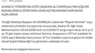 ANKARA, – İÇİŞLERİ Bakanlığı, Adana’nın Yüreğir ilçesi Belediye Başkanı Ali