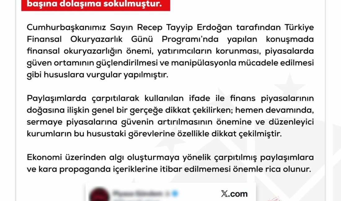 DMM: ‘Erdoğan, sermaye piyasalarına yatırım yapmak risklidir dedi’ iddialarına ilişkin açıklama ANKARA, – İLETİŞİM Başkanlığı Dezenformasyonla Mücadele Merkezi (DMM), “Bazı sosyal