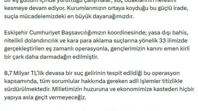 BAKAN GÜRLEK’TEN AÇIKLAMA Adalet Bakanı Akın Gürlek, Eskişehir merkezli 33