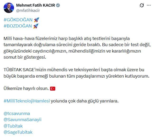 GÖKDOĞAN VE BOZDOĞAN, harp başlıklı atış testlerini tamamladı ANKARA, – SANAYİ ve Teknoloji Bakanı Mehmet Fatih Kacır, milli