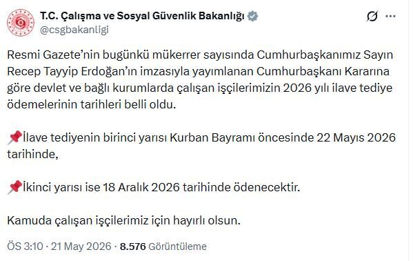 Kamu işçilerinin ilave tediye ödemelerinin tarihleri belli oldu ANKARA, – ÇALIŞMA ve Sosyal Güvenlik Bakanlığı, devlet ve bağlı