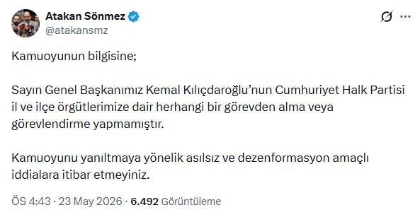 Kılıçdaroğlu’nun danışmanı: İl ve ilçe örgütlerimizde görevden alma yapılmadı Ayşenur DEMİRTAŞ/ANKARA, – MAHKEME kararıyla CHP Genel Başkanlığı görevine dönen