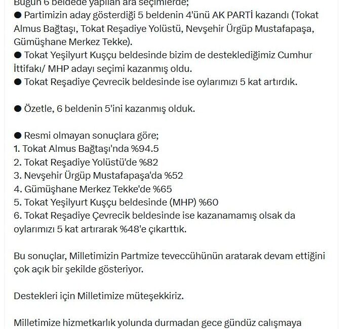 AK Parti’li Yavuz: 6 beldede yapılan ara seçimlerde, 6 beldenin 5’ini kazandık ANKARA, – AK Parti Genel Başkan Yardımcısı Ali İhsan Yavuz,
