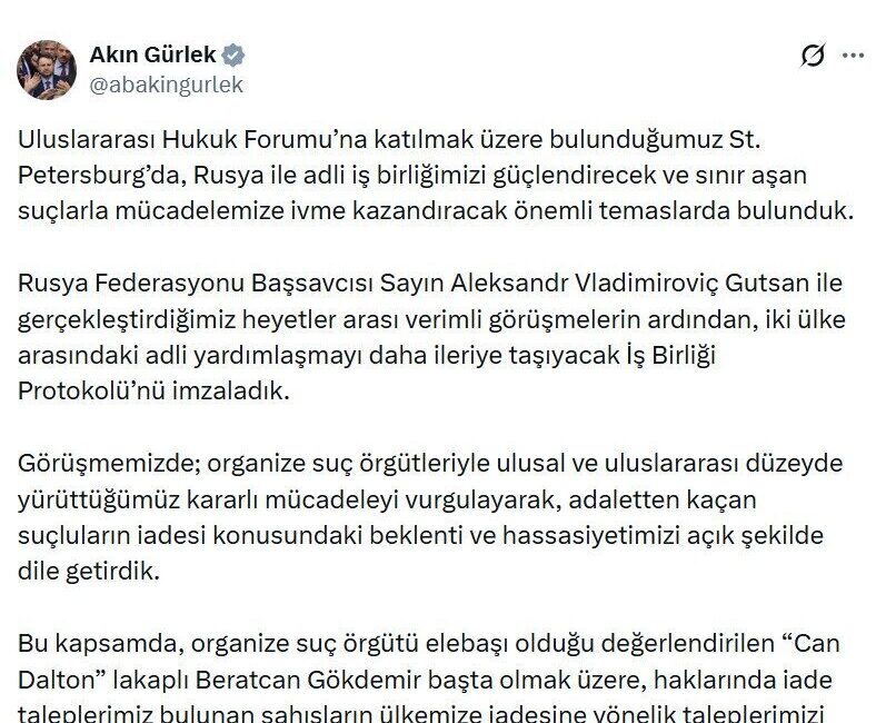 ANKARA, – ADALET Bakanı Akın Gürlek, “Organize suç örgütü elebaşı
