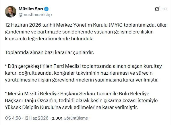ANKARA, – CHP Parti Sözcüsü Müslim Sarı, Mersin Mezitli Belediye
