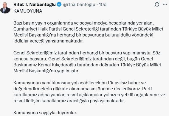 CHP’li Nalbantoğlu’ndan ‘TBMM Başkanlığı’na başvuru’ açıklaması ANKARA, – CHP Genel Sekreteri Rıfat Turuntay Nalbantoğlu, “CHP Genel