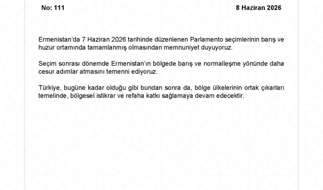 Dışişleri’nden Ermenistan’daki parlamento seçimlerine ilişkin açıklama Ankara, – DIŞİŞLERİ Bakanlığı, “Ermenistan’da 7 Haziran 2026 tarihinde düzenlenen