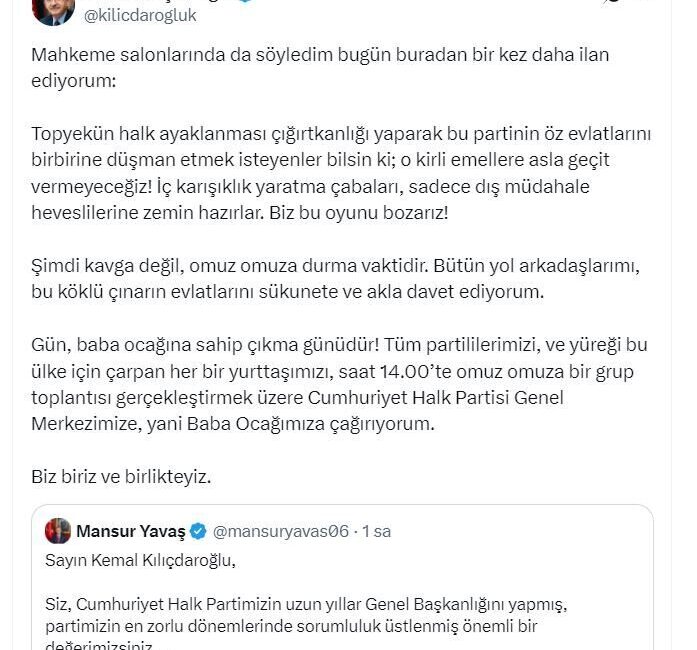 Kılıçdaroğlu: Tüm partililerimizi, grup toplantısı için CHP Genel Merkezimize çağırıyorum ANKARA, – CHP Genel Başkanı Kemal Kılıçdaroğlu, “Tüm partililerimizi ve
