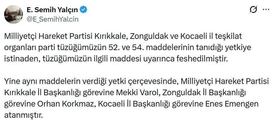 ANKARA, – MHP Genel Başkan Yardımcısı Semih Yalçın, partisinin Kırıkkale,