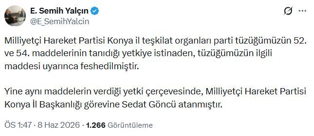MHP Konya il teşkilatı feshedildi ANKARA, – MHP Genel Başkan Yardımcısı Semih Yalçın, partisinin Konya