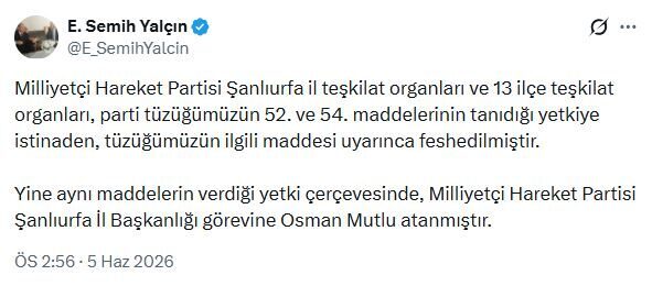 ANKARA, – MHP Genel Başkan Yardımcısı Semih Yalçın, partinin Şanlıurfa