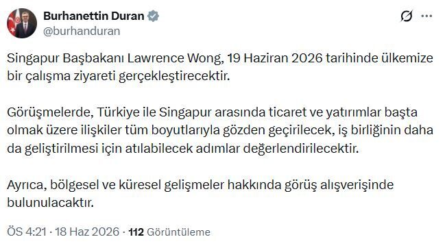 ANKARA, – İLETİŞİM Başkanı Burhanettin Duran, Singapur Başbakanı Lawrence Wong’un