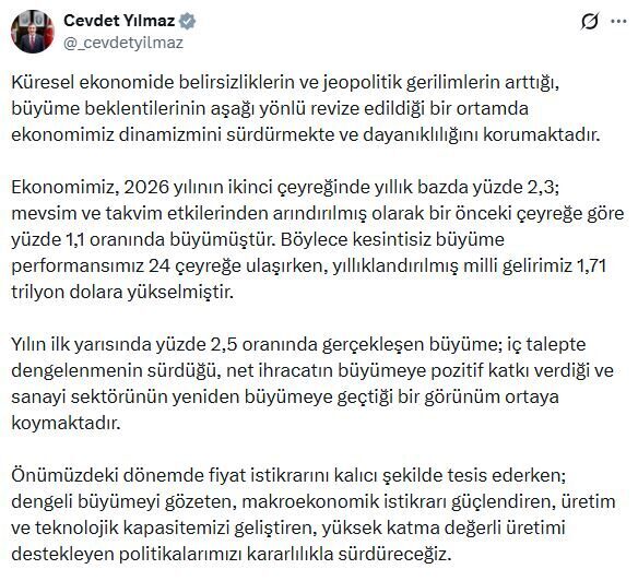 Cevdet Yılmaz: Türkiye ekonomisi küresel belirsizliklere karşı dayanıklılığını sürdürmekte